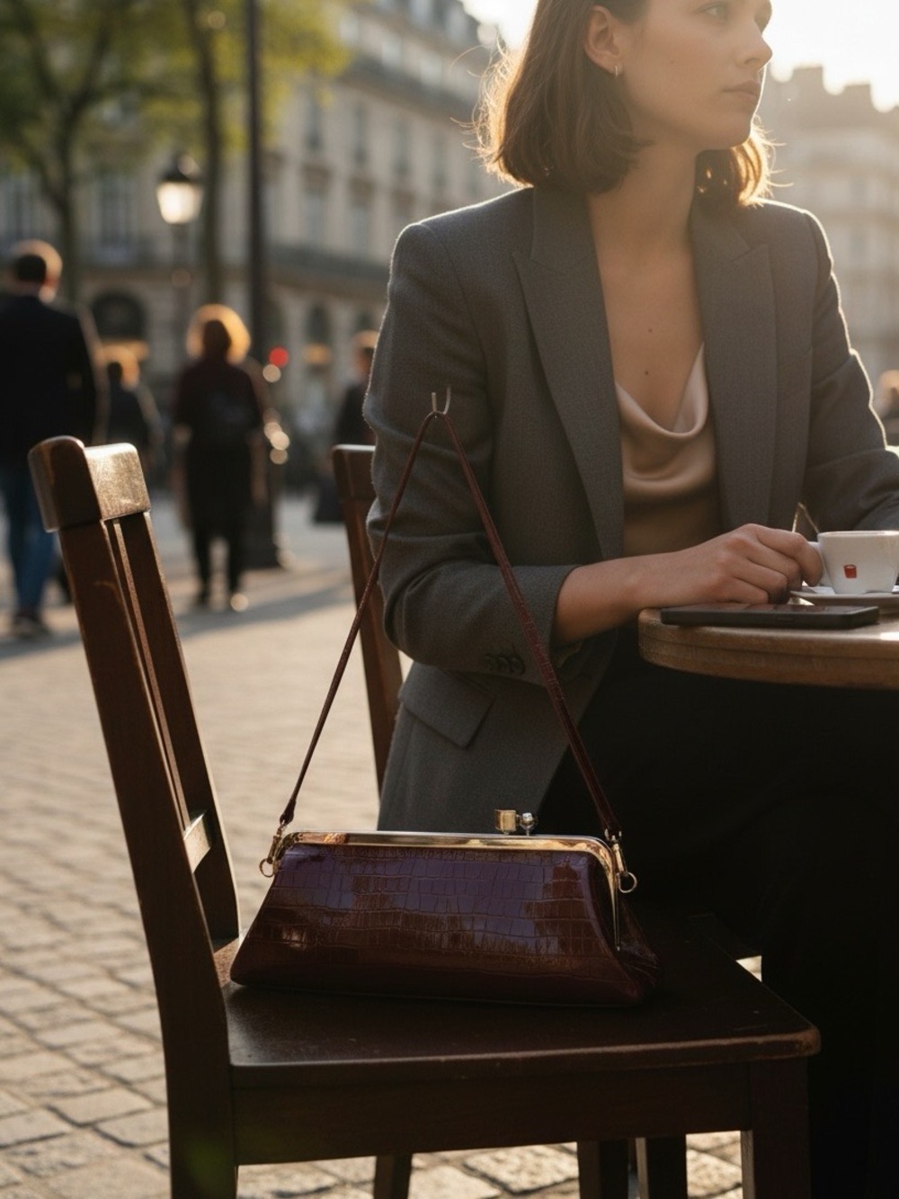 Croc-Texture Frame cowhide Shoulder Bag in Black, Red wine, white and Brown - Picture 8 of 9